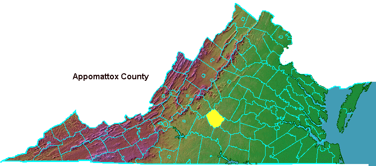 Appomattox County, highlighted in map of Virginia