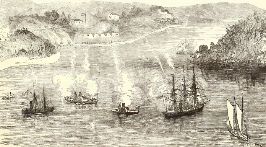 six weeked before the First Battle of Manassas, Union ships attacked Confederate fortifications on the shoreline of Stafford County