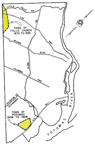 the Town of Potomac disappeared when annexed by Alexandria, and residents in the Town of Falls Church who lived in Arlington County had the boundary altered so they were excluded