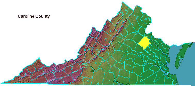 Caroline County, highlighted in map of Virginia