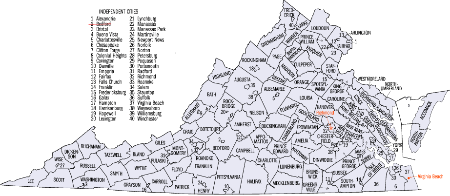 the names of most cities and counties in Virginia reflect the political conditions at the time; local jurisdictions created after 1775 do not honor English monarchs and their supporters (Bedford is now a town, not an independent city)