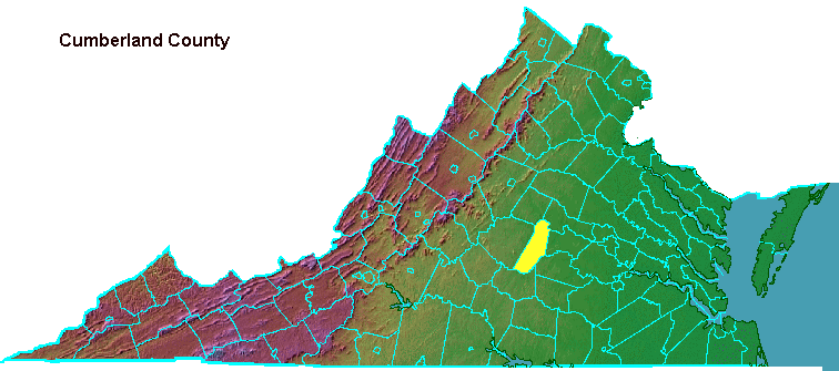 Cumberland County, highlighted in map of Virginia