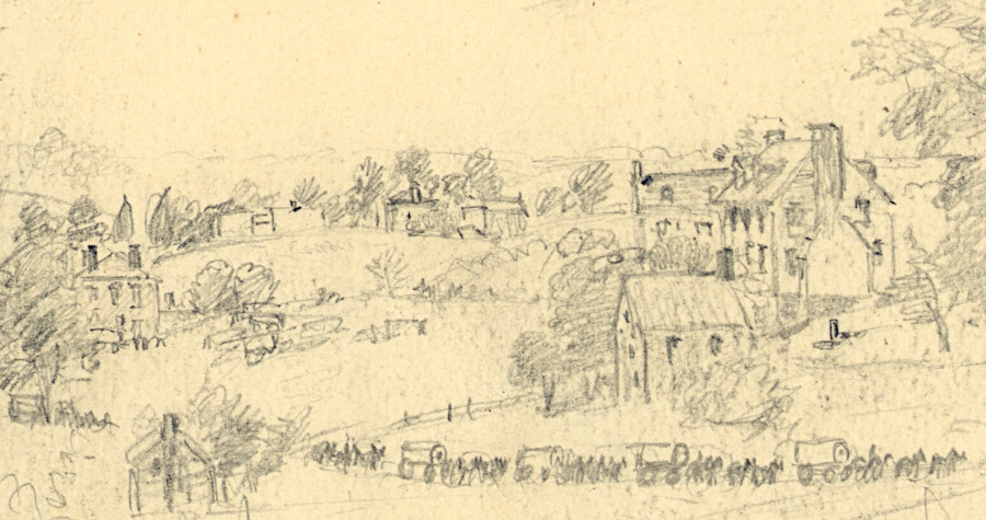 Union wagon train moving through Dumfries in the Civil War
