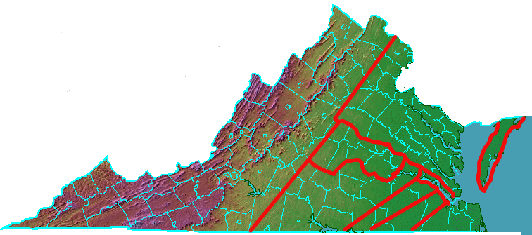 boundaries of the first eight counties in Virginia, extending west of the Fall Line into the Piedmont