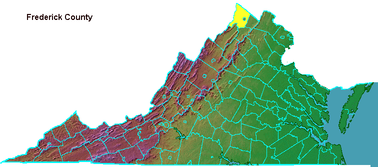 Frederick County, highlighted in map of Virginia