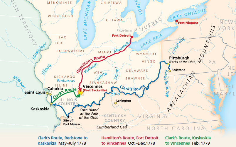 George Rogers Clark obtained supplies in Virginia, then traveled to Kentucky and seized control of the future Northwest Territory in 1778-1779