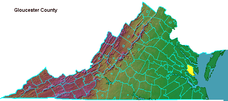 Gloucester County, highlighted in map of Virginia