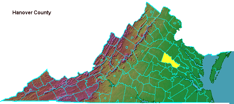 Hanover County, highlighted in map of Virginia
