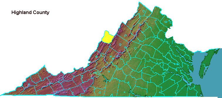 Highland County, highlighted in map of Virginia