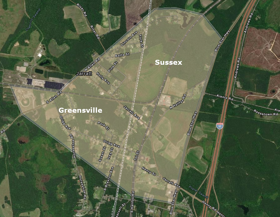 the Town of Jarratt is located in both Greensville and Sussex counties