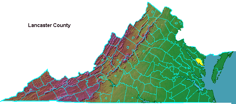 Lancaster County, highlighted in map of Virginia