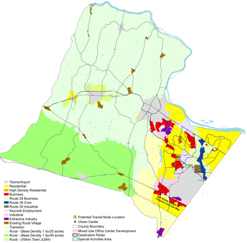 Loudoun County land use plans assume high-density development on the eastern side (near job centers in Tysons/DC), with a low-density rural area west of Route 15 in particular