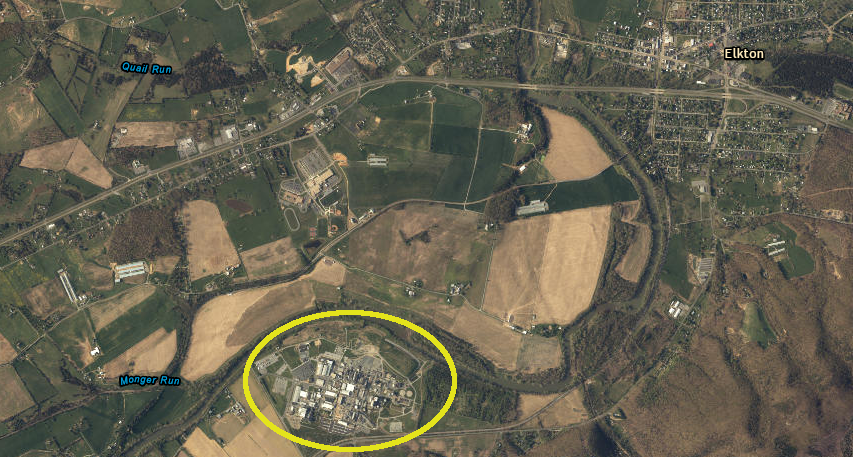 Merck (site circled in yellow) has provided manufacturing jobs in Rockingham County since the Stonewall Plant opened in 1941