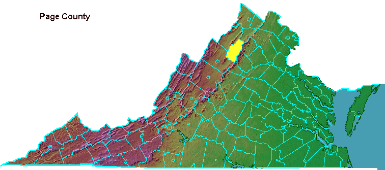 Page County, highlighted in map of Virginia