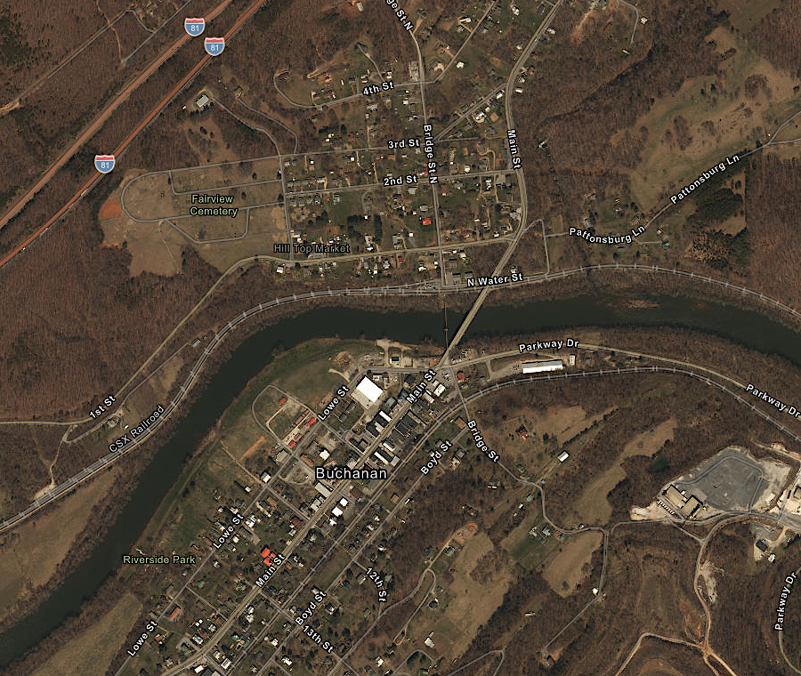 the grid street pattern of Pattonsburg is still visible, north of the James River