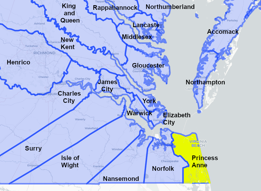 counties in Virginia near Princess Anne, when it was created in 1691