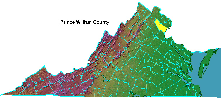 Prince William County, highlighted in map of Virginia
