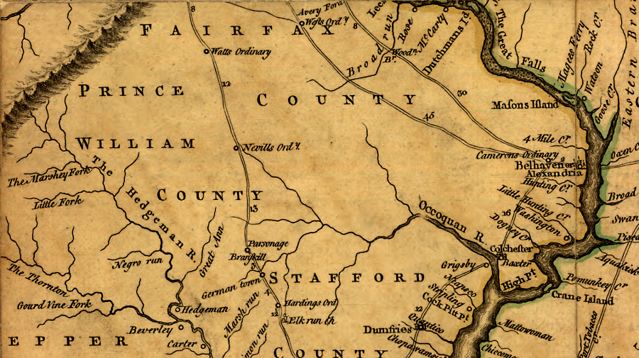 the Fry-Jefferson map of Virginia shows the limited transportation network in Prince William County in 1755