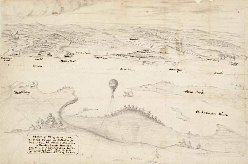 view of the Quantico shoreline in 1861 from a Union balloon on the Maryland side of Budd's Ferry