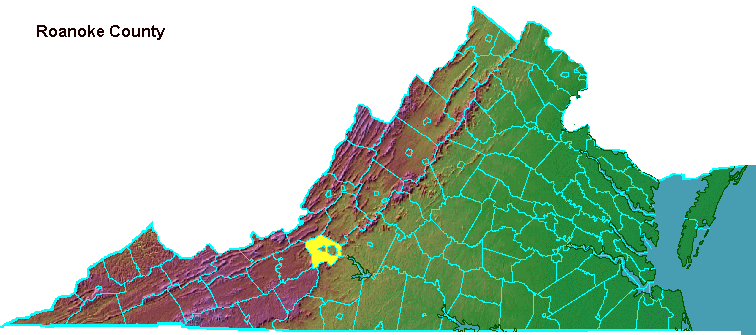 Roanoke County, highlighted in map of Virginia