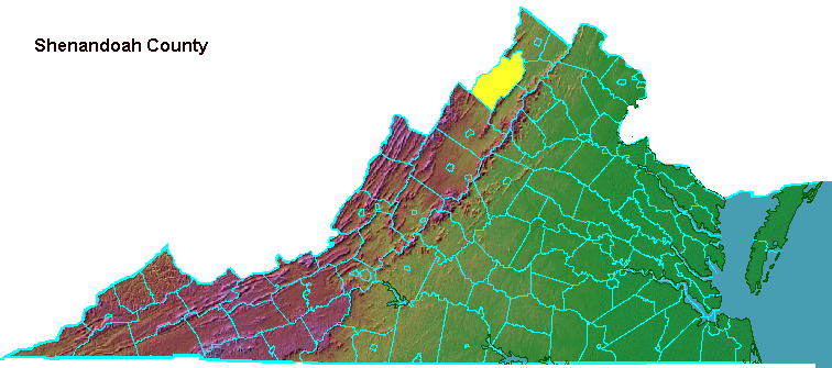 Shenandoah County, highlighted in map of Virginia