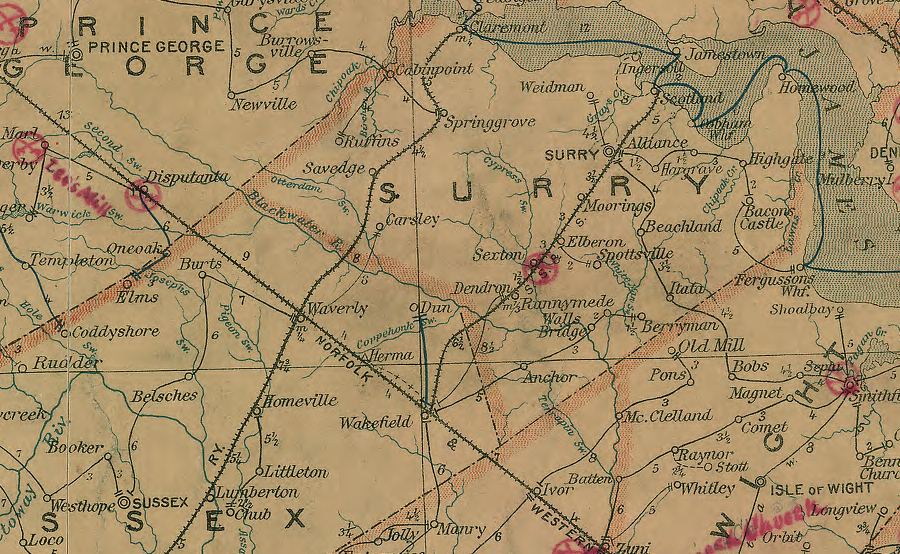 in 1906, the Norfolk and Western Railroad had connections to Claremont and Scotland on the James River
