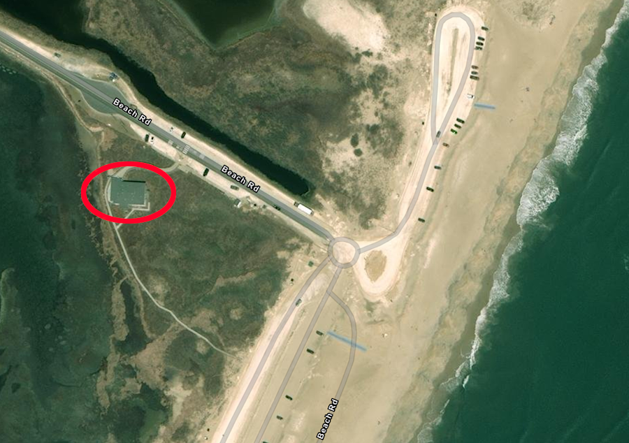 in 2024, the Toms Cove Visitor's Center (red circle) and parking were right next to the beach on the Atlantic Ocean