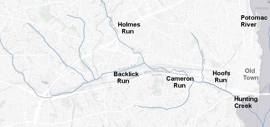 Holmes Run and Backlick Run combine to form Cameron Run, and after Hooff's Run flows into it the combined streams are called Hunting Creek