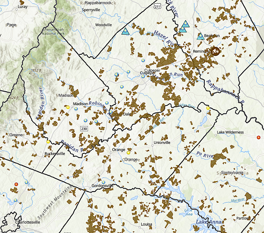 brown polygons show sites where biosolids application has been permitted northeast of Charlottesville