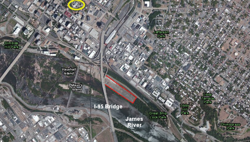 Shockoe Retention Basin on Chapel Island (red outline) is on the north bank of the James River, not far from the State Capitol (yellow circle)
