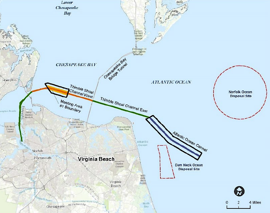 the Norfolk Ocean Disposal Site is outside of the designated shipping channels entering Chesapeake Bay