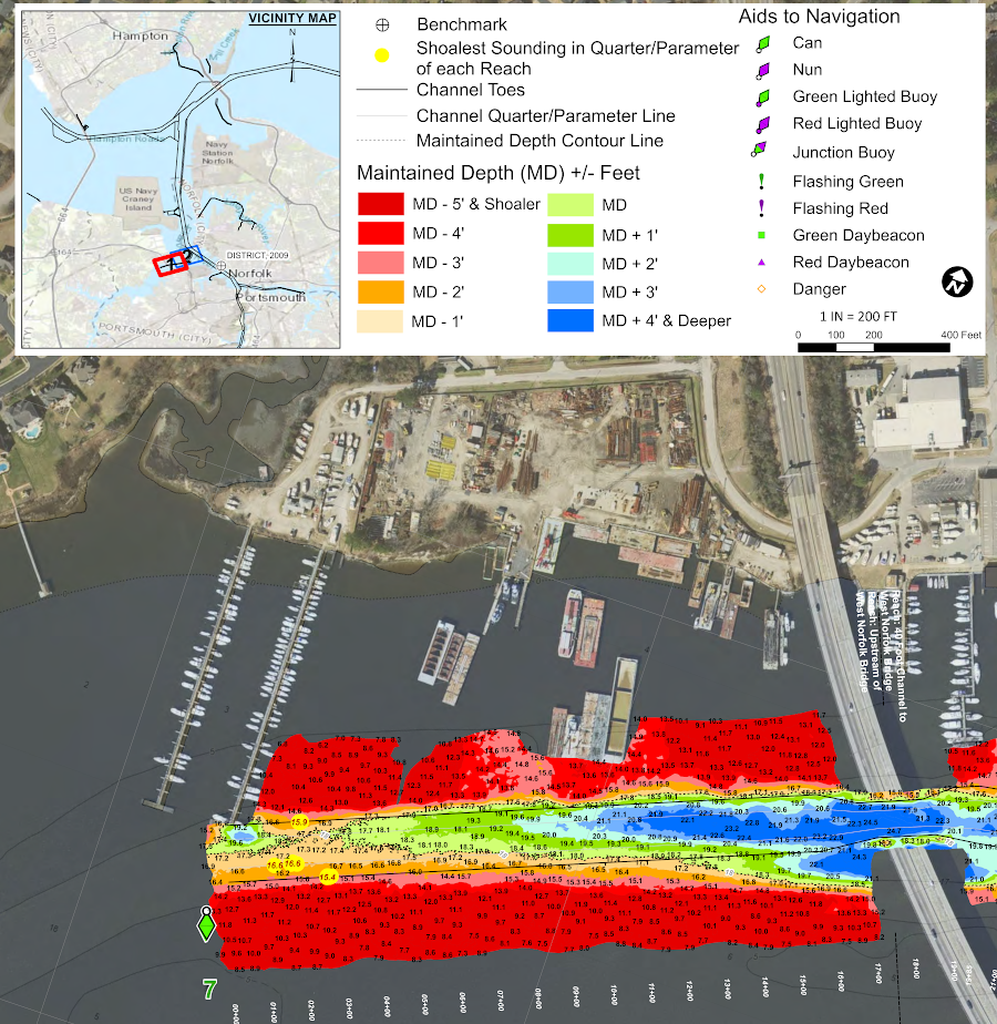 the shipping channel on the Western Branch of the Elizabeth River is maintained at a depth of at least four feet at the West Norfolk Bridge (State Route 164)