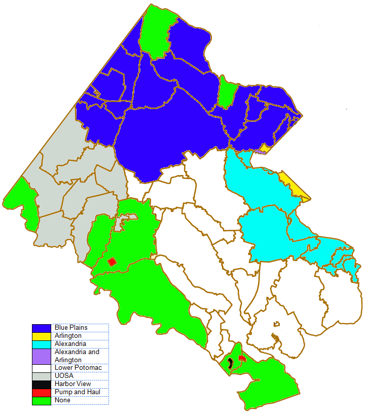wastewater treatment is regional; sewersheds in Fairfax County are serviced by different wastewater treatment plants (except for selected areas shown in green, which rely upon septic systems)