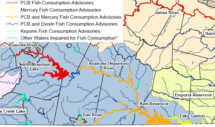 Fish Consumption Advisories in the Roanoke River watershed, 2010