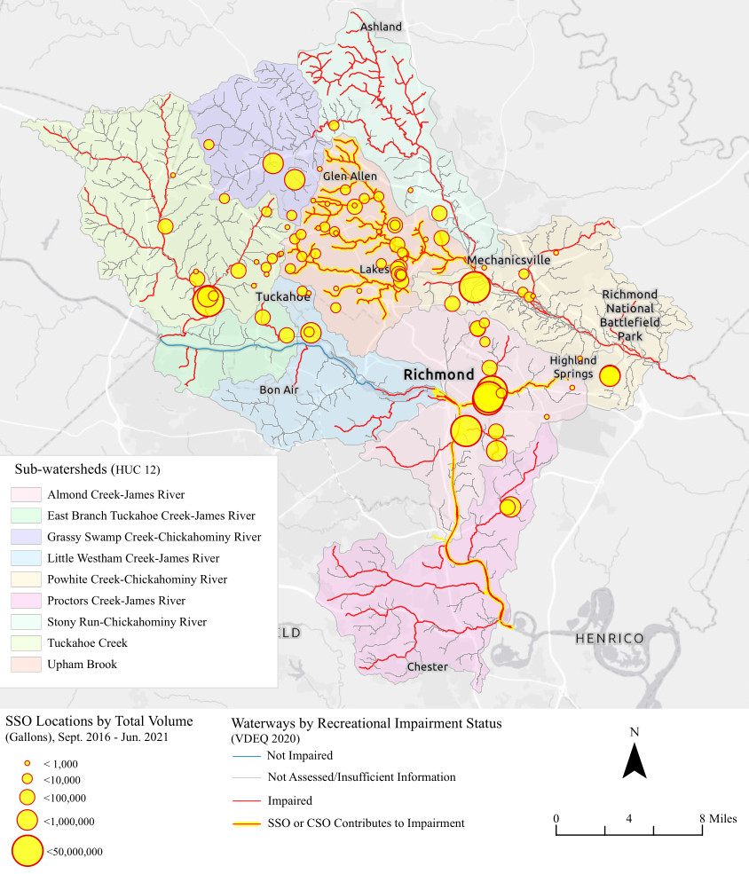 Sanitary Sewer Overflows (SSO) from Henrico County also impair streams