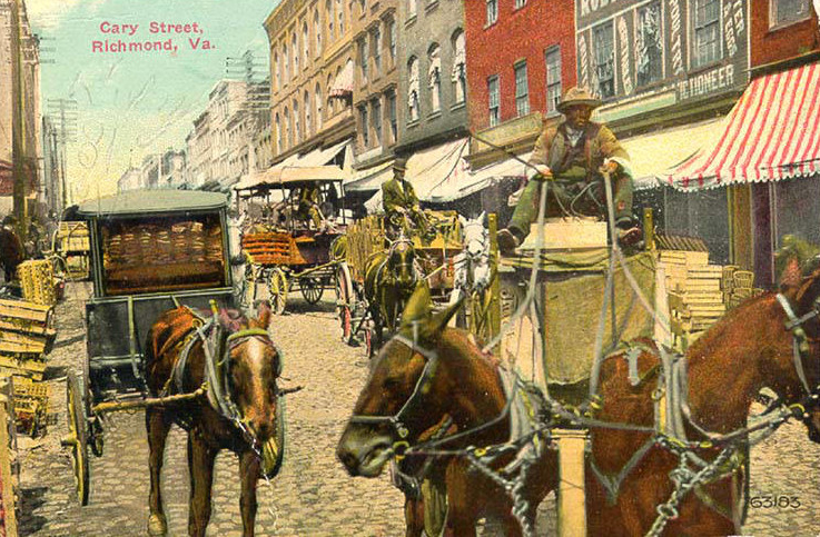 horse manure was ubiquitous on Richmond's cobblestone streets as electricity distribution lines were being constructed in 1911, but cars created the waste by 1927