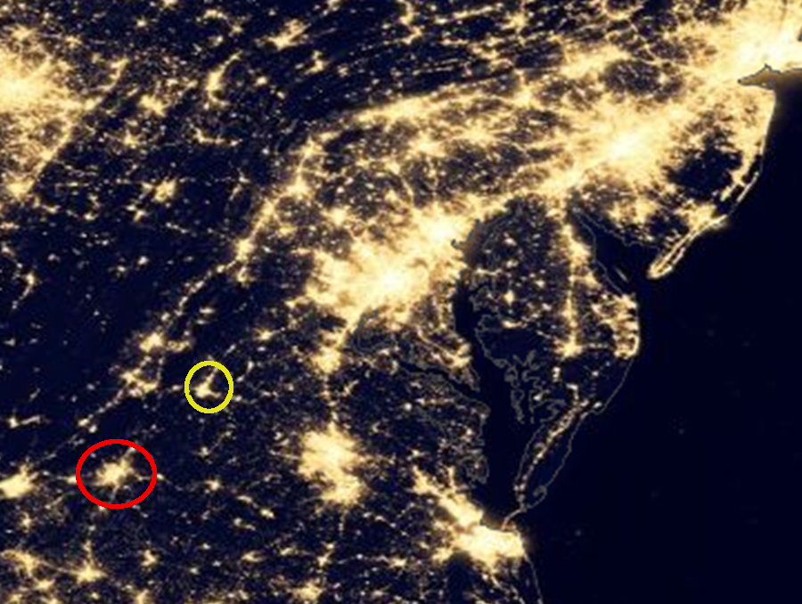 lights of Norfolk (southeast corner), Richmond, and Northern Virginia reveal the crescent of dense population in Virginia