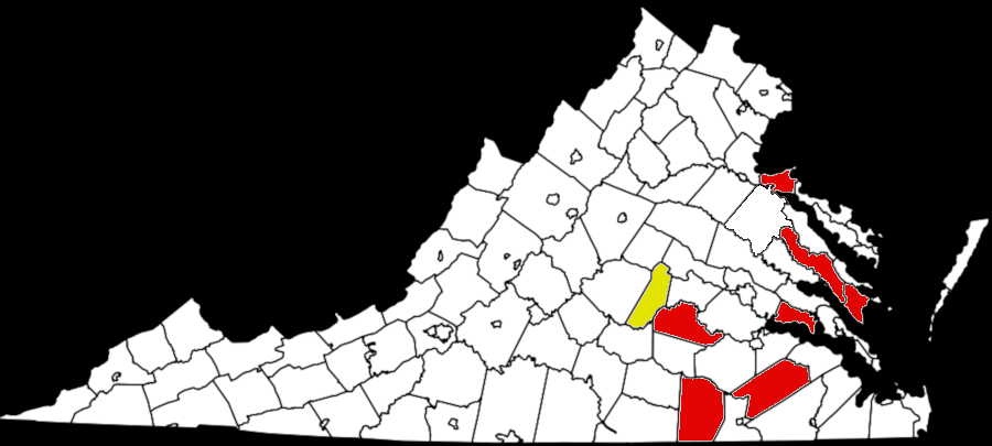 megalandfills were built in seven Virginia counties during the 1990's, and an eighth has been proposed in Cumberland County (yellow)