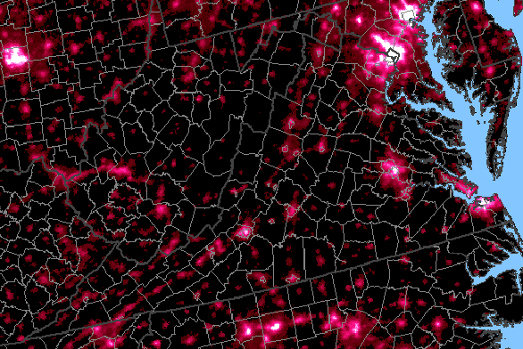 night lights of Virginia, showing concentrations of human settlement