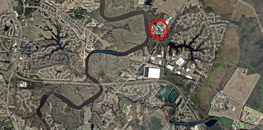 the South Hampton Roads regional landfill (green circle) pipes methane to the BASF (formerly Ciba) chemical plant on the Nansemond River (red circle)