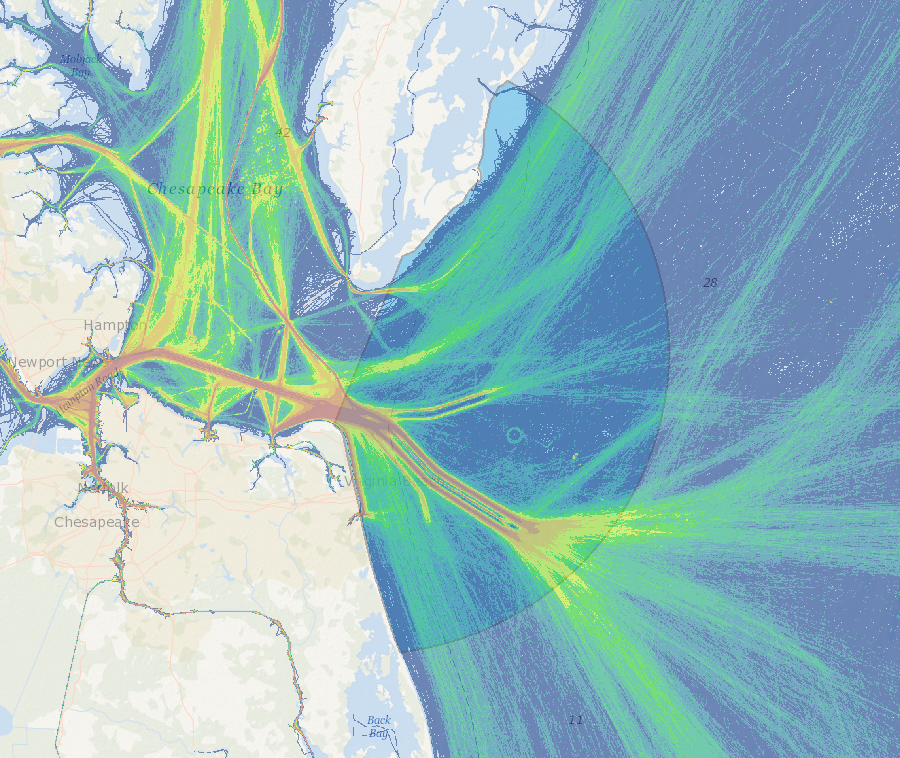 North Atlantic Right Whale Management Area at the mouth of the Chesapeake Bay (darker blue) and ship traffic patterns