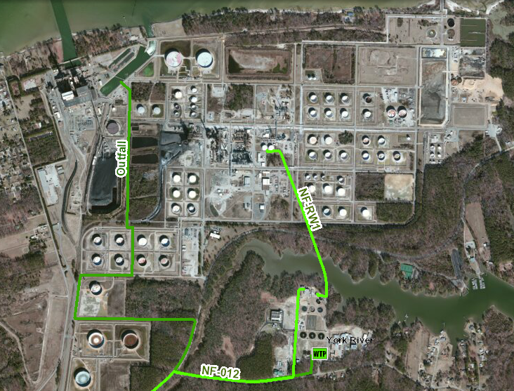 green lines show pipes delivering treated wastewater to oil refinery north of the York River Waste Treatment Plant (WTP) and to outfall on York River