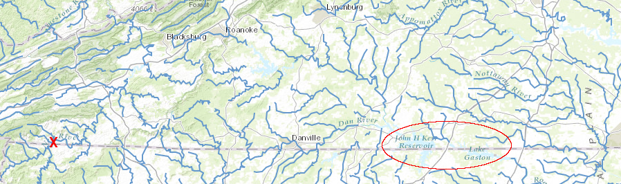 50 years before the Lake Gaston pipeline, a water diversion project to prevent North Carolina water from flowing into Virginia was proposed on the New River (red X)