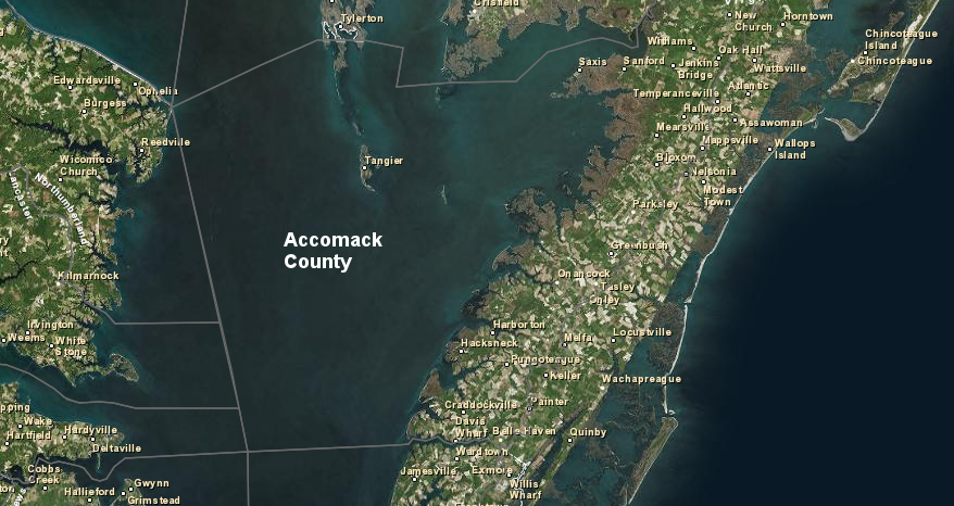 Accomack County's boundaries include Tangier Island and extend to the western edge of the Chesapeake Bay; the bay is not divided in the middle by county boundaries