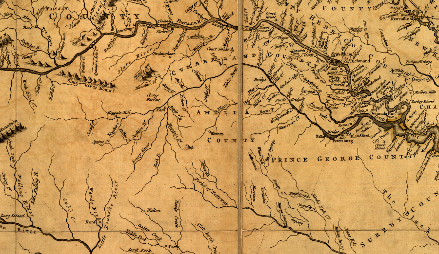 the Appomattox River, south of the James River, as depicted in 1755