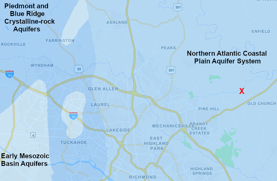 Virginia Artesian Bottling Company in Mechanicsville (red X) draws groundwater from beneath the Coastal Plain