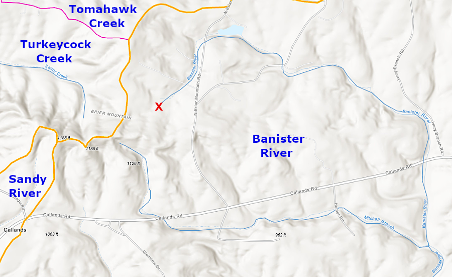 the headwaters of the Bannister River (red X) is at the watershed divide with two tributaries of the Pigg River, and near the Sandy River headwaters