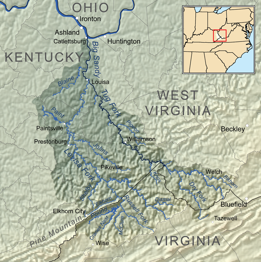 the Levisa Fork flows past Grundy and continues to Louisa, Kentucky where is merges with the Tug Fork to form the Big Sandy