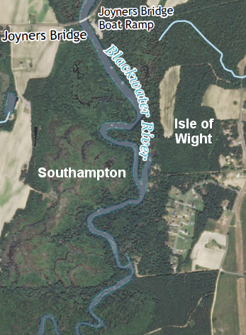Blackwater River, defining boundaries of Isle of Wight and Southampton counties
