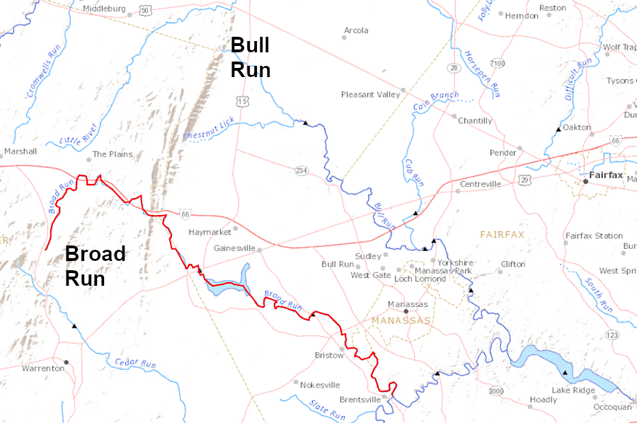 the Broad Run tributary of the Occoquan River has etched a path further westward than the Bull Run tributary